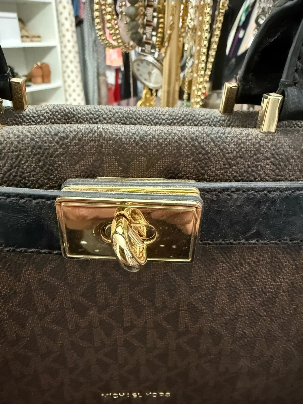 Michael Kors Brown MK Signature Satchel with Gold Hardware